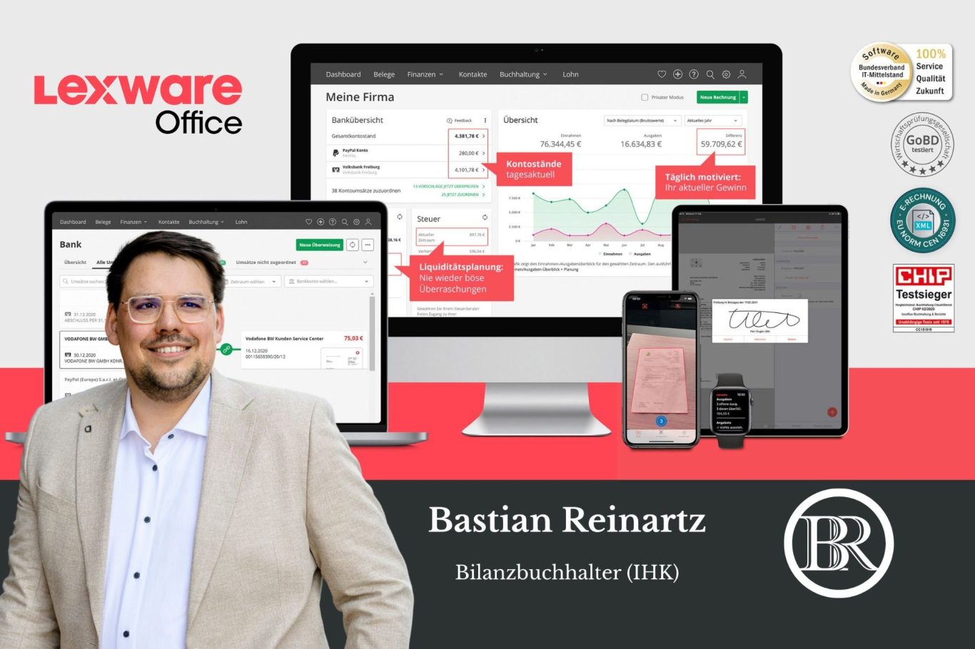Porträt von Bastian Reinhartz in Anzug vor moderner Architektur. Logo im Hintergrund.